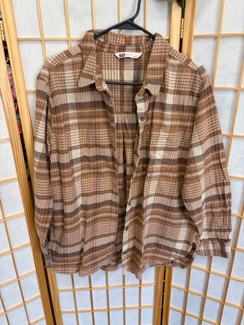 SO Women’s Brown and Cream Plaid Button-Down Shirt